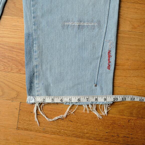 FUBU Light Wash Baggy Loose Fit 90s Hip Hop Blue Jeans W36 Distressed Raw Hem - Picture 9 of 9